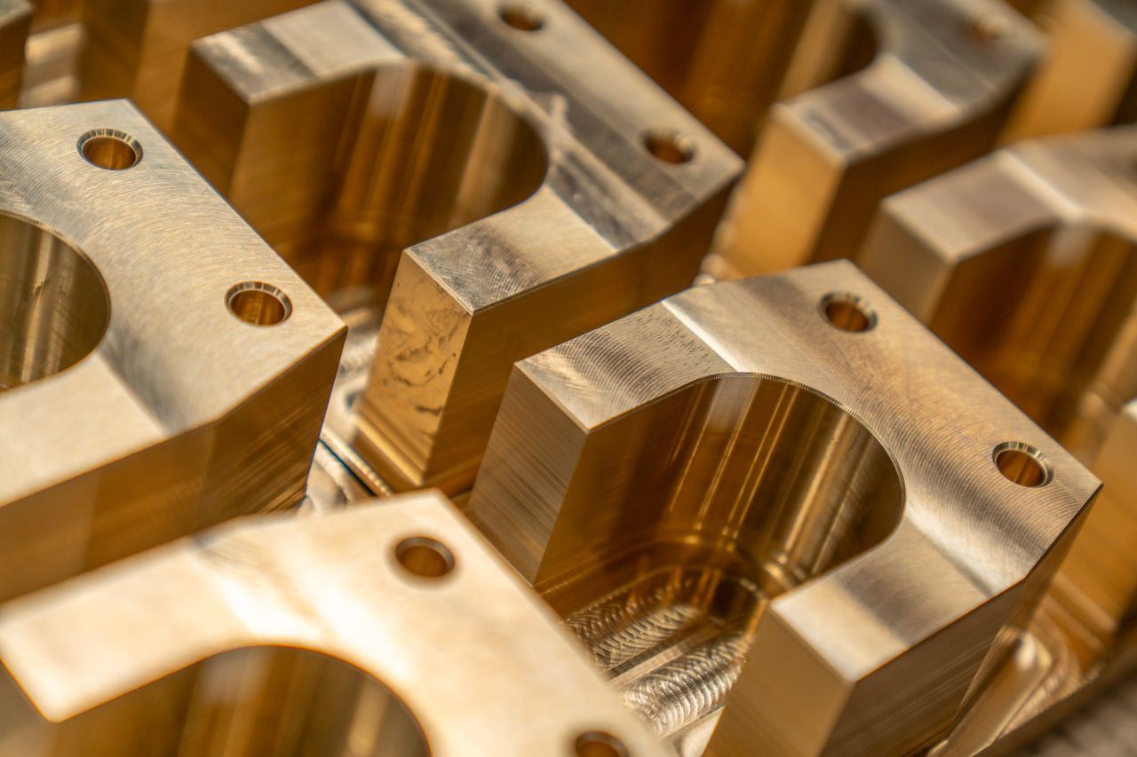 Close-up of machined metal parts made in a factory